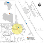 Location of airport malaria cluster in certified malaria-free country, Benghazi, Libya, November 2024. The map displays the location of the case cluster (n = 4) and mosquito traps relative to the Benina International Airport runway. The yellow shaded area indicates a 450-meter buffer zone from the cluster center. Inset maps show the location of Libya in Africa and Benghazi within Libya.