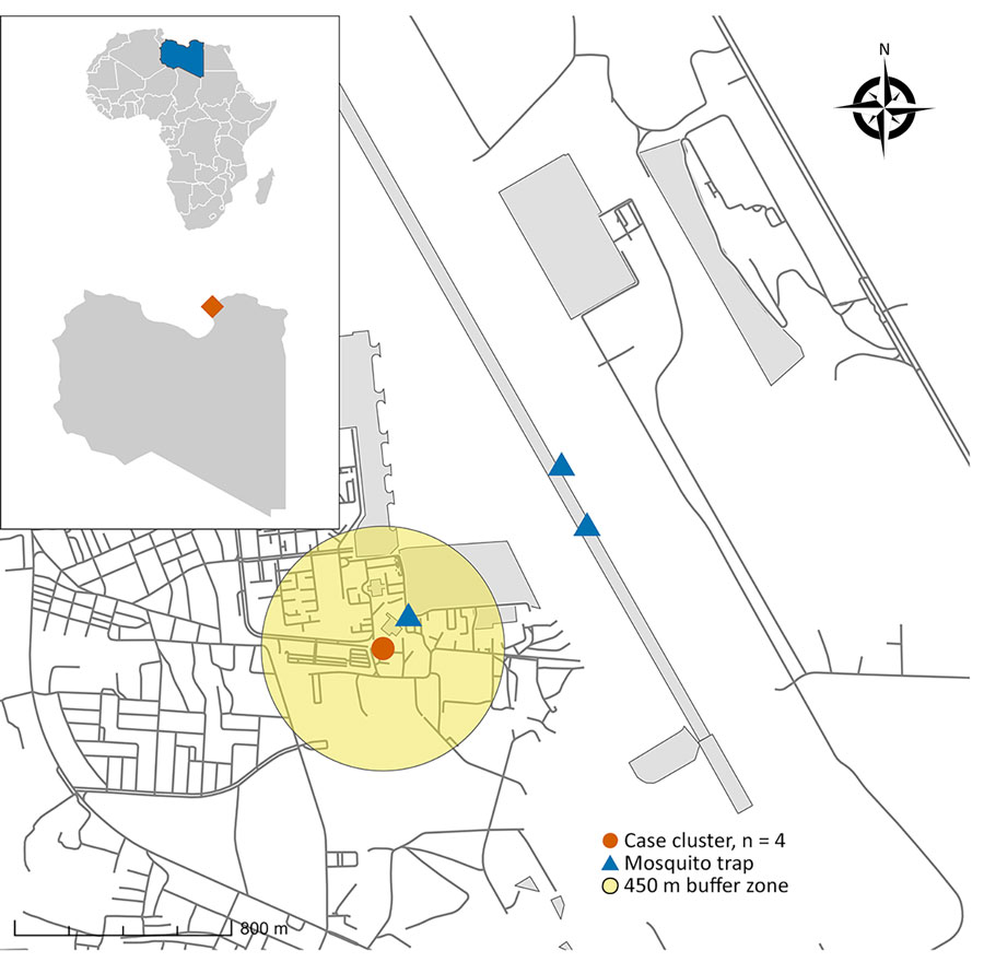 Location of airport malaria cluster in certified malaria-free country, Benghazi, Libya, November 2024. The map displays the location of the case cluster (n = 4) and mosquito traps relative to the Benina International Airport runway. The yellow shaded area indicates a 450-meter buffer zone from the cluster center. Inset maps show the location of Libya in Africa and Benghazi within Libya.