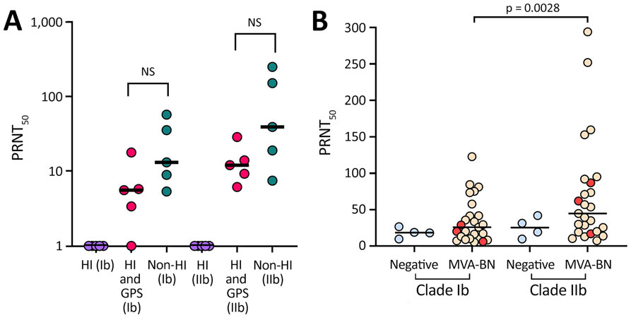 Titer results in study of monkeypox virus antibodies in healthy persons after MVA-BN vaccination, United Kingdom. PRNT50 titers for participants vaccinated with 2 doses of MVA-BN vaccine demonstrated neutralizing antibody responses to monkeypox virus clade Ib and clade IIb. A) Assessment of the contribution of complement on neutralization illustrating the different conditions tested: purple, HI; red, HI and GPS; blue, non-HI. Mann Whitney U test used to determine p values. B) PRNT50 values for clades Ib and IIb. Wilcoxon matched pairs signed rank test used to determine p values. Blue indicates negative controls; yellow, vaccine recipients; red, participants with underlying conditions. Each data point represents the geometric mean titer of 2 experimental replicates; horizontal black lines indicate medians. PRNT50 values were determined using Probit regression. GPS, guinea pig serum; HI, heat-inactivation; MVA-BN, modified vaccinia Ankara–Bavarian Nordic vaccine; NS, not significant; PRNT50, log of 50% endpoint plaque reduction neutralization test.