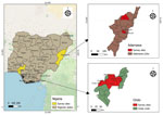 Sites of mpox animal surveillance activities for investigation of Orthopoxvirus antibodies in feral mammals in mpox outbreak areas, Adamawa and Ondo states, Nigeria, 2021–2022. LGA, Local Government Area.