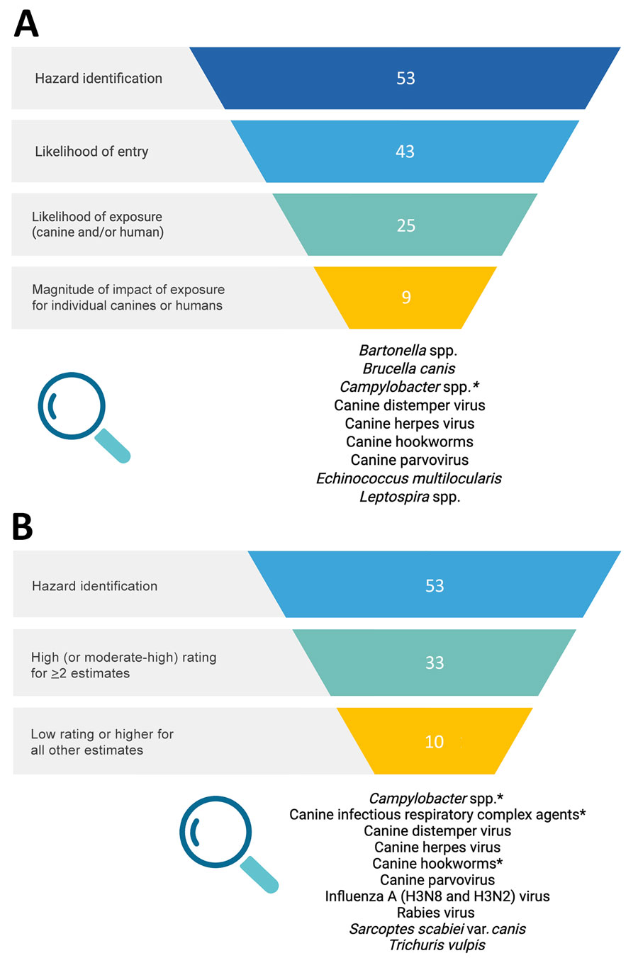 Approaches used to prioritize hazards in qualitative risk assessment of infectious agents associated with canine importation into Canada, 2023–2024. A) For the first approach, of the 53 hazards potentially associated with canine importation into Canada, 43 were ranked moderate or high likelihood of entry, 25 were ranked moderate or high likelihood of canine and/or human exposure, and 9 had a ranking of moderate or high for >1 of the 4 magnitudes of impact of exposure estimates. B) For the second approach, of the 53 hazards potentially associated with canine importation into Canada, 33 received a ranking of high (or moderate-high) for >2 estimates, and 10 had a minimum ranking of low or higher for all other estimates. Zoonotic hazards were only required to have a minimum ranking of low or higher for estimates related to 1 population (canids or humans).