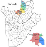 Locations of 8 sentinel health facilities used for study of border region surveillance of malaria drug resistance, northern Burundi, 2023–2024. Red crosses show locations of participating health facilities across the provinces of Ngozi and Kirundo, where clinical and molecular surveillance of artemisinin partial resistance was conducted during December 2023–June 2024. District health facilities included were in Ngozi, Kiremba, and Buye in Ngozi Province and Kirundo and Vumbi in Kirondo Province. Inset shows bordering countries in Africa.