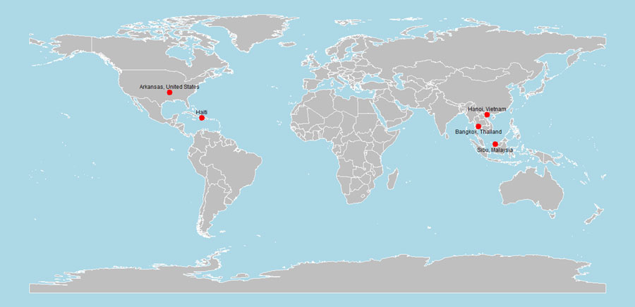 Locations of canine coronavirus HuPn-2018 or similar virus detections among humans with respiratory illness (23–27). Figure created in R version 4.4.1 (https://cran.rstudio.com).