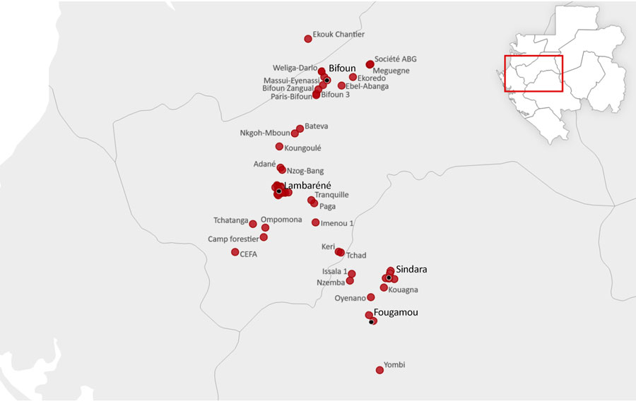 Sampling sites across central Gabon in study of molecular epidemiology of skin-dwelling filariae and risk factors for Mansonella streptocerca infection, Gabon. For clarity in labeling, nearby semiurban sampling sites were grouped under their respective town names (e.g., Lambaréné, Bifoun, Fougamou). Although Sindara is a cluster of rural villages, not a town, it was labeled as a town because of the high number of sampling sites in the area and its central role in the analysis. Inset map shows location of study area in Gabon.