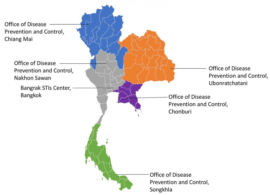 Locations of Bangrak STIs Center (Bangkok) and 6 regional Offices of Disease Prevention and Control that collect gonococcal isolates in national surveillance system (National Gonococcal Antimicrobial Resistance program and World Health Organization Enhanced Gonococcal Antimicrobial Surveillance Program), Thailand. STIs, sexually transmitted diseases.