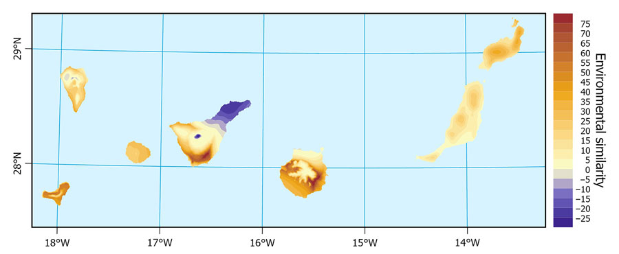 Multivariate Environmental Similarity Surface (MESS) analysis assessing climatic similarity between Hawaii, USA (training region with known human cases of neuroangiostrongyliasis), and the Canary Islands using selected bioclimatic variables in a predictive approach to mapping Angiostrongylus cantonensis nematode distribution, Canary Islands, Spain. Values indicate areas of environmental similarity and novelty relative to Hawaii.