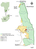 Locations of cases in a cluster of human tanapox cases in wildlife reserve, South Africa, 2024. Of 11 cases in 2024, nine were laboratory confirmed by PCR and sequencing, and 2 were suspected on the basis of clinical symptoms and epidemiologic links. In addition, one case was laboratory-confirmed in 2022. We also retrospectively identified 2 suspected cases from 2021 on the basis of lesion features, clinical symptoms, and suitable environmental parameters. Insets show location of KNP within South Africa and the continent. KNP, Kruger National Park.