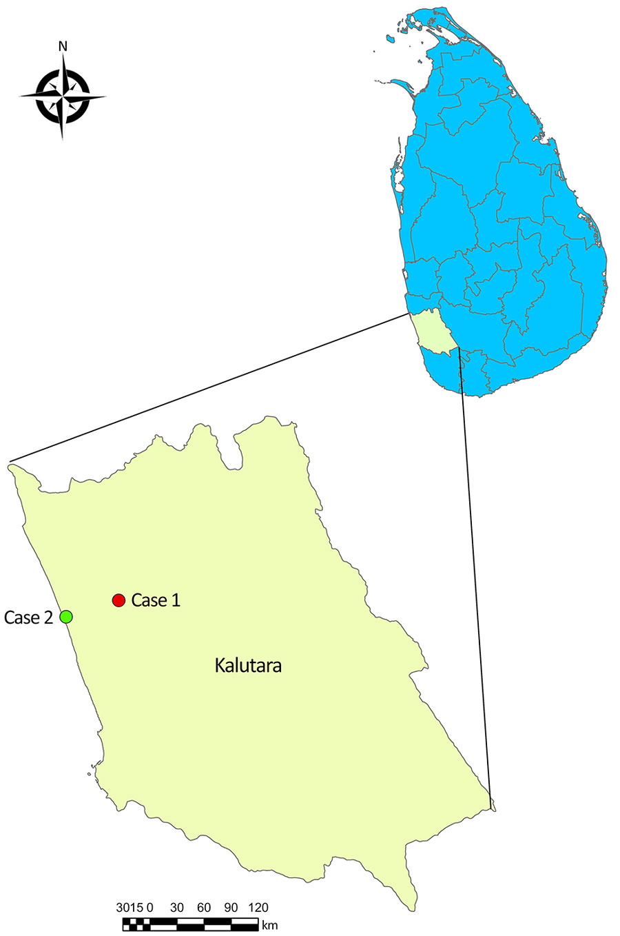 Locations of Dirofilaria asiatica microfilaremia cases in study of Dirofilaria infection and asymptomatic microfilaremia, Sri Lanka, 2025. Close-up view shows Kalutara district in western Sri Lanka. Cases were detected from night blood smear specimens.