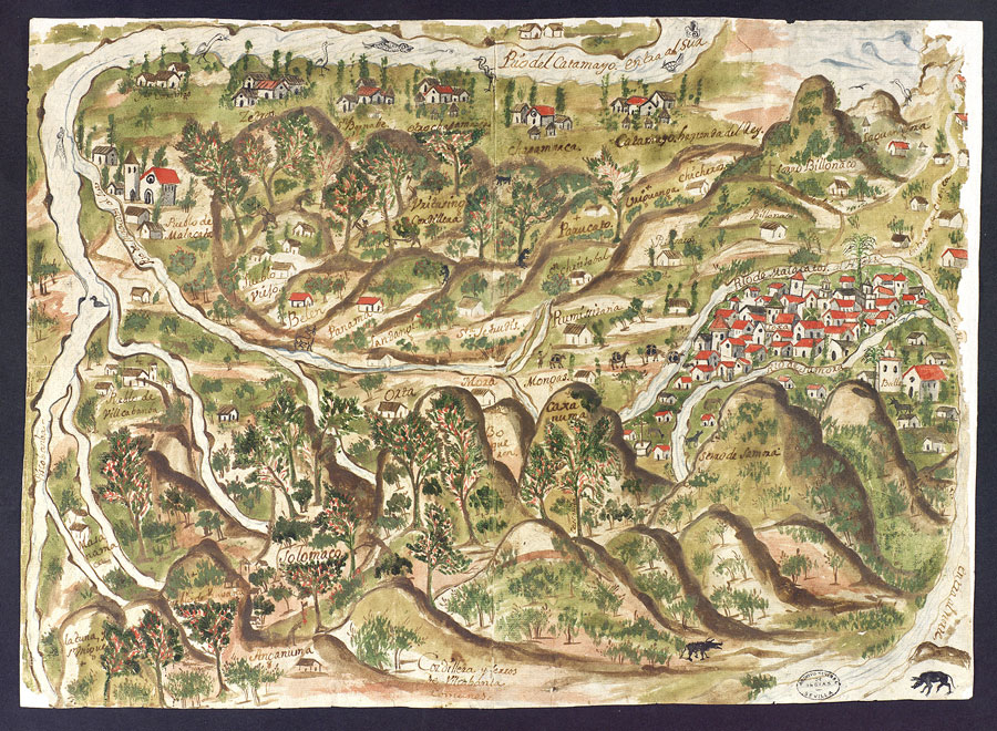 Loja, Peru, and the reserved Vilcabamba mountains where Cinchona trees grow, highlighting trade routes during the Viceroyalty of Peru. Source: General Archive of the Indies, Seville, Spain, 1773. Courtesy of José Carlos Arias.