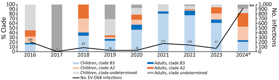 Distribution of EV-D68 subgenotype infections by year from report on national surveillance of enterovirus D68 upsurge, France, 2016–2024. Curve shows total number of infections per year. Children are defined as patients <17 years of age, adults >18 years of age. EV-D68, enterovirus D68.