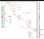 Bayesian time-scaled phylogeny of enterovirus D68, subgenotype B3, from report on national surveillance of enterovirus D68 upsurge, France, 2021–2024. Phylogeny created using BEAST version 2.6.3 (https://beast.community). A subtree focusing on the study strains belonging to subgenotype B3 was extracted from the complete time-calibrated phylogenetic tree of EV-D68. The estimated ages of the most recent common ancestors from the root of each clade to the year 2024 are indicated. Red stars at nodes indicate posterior probabilities >0.9, star sizes are proportional to posterior probability (larger symbols indicate values closer to 1). Colors at right indicate country of origin for each strain. Blue dots indicated at the taxon names indicate sequences generated in this national study in 2024. GenBank accession numbers are provided.