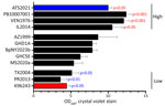 Observations of biofilm formation in a study of Burkholderia pseudomallei virulence in mouse models. Burkholderia pseudomallei isolates were inoculated into Luria broth with 4% glycerol and incubated statically at 37°C for 24 hours. We removed planktonic growth and stained the remaining biofilm by using crystal violet staining then quantified by using 600 nm optical density. We compared the test panel (represented by black bars) with a hyper-biofilm producing strain (strain no. ATS2021, represented by blue bar) and a common strain used in the laboratory with low biofilm formation (strain no. K96243, represented by red bar). Data displayed are the averaged results of >3 biologic replicates with error bars representing the standard error of the mean. Red p values indicate statistical significance relative to strain K96243. Blue p values indicate significance relative to strain ATS202. OD600, optical density at 600 nm.