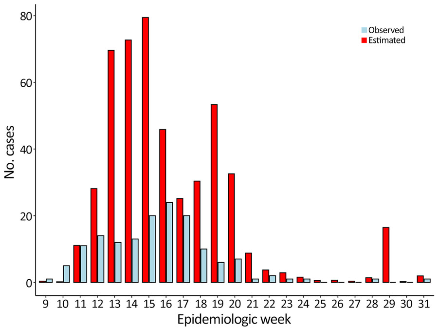 Measles case estimates for the municipality of Leamington, Ontario, Canada, based on wastewater signal and measles virus shedding approximations generated in Windsor, Ontario. Case estimations are based on median shedding rate approximations. Blue bars represent observed cases; red bars represent estimated cases.