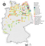 Locations of notifications for deceased or infected cranes in study of highly pathogenic avian influenza A(H5N1) clade 2.3.4.4b virus, Germany, 2025. Notifications are from the period October 3–November 11, 2025. Numbers indicate mentioned roosting areas. 