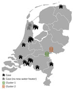 Locations of Legionnaires’ disease cases linked to newly installed residential water heaters, the Netherlands, 2022–2023. Two clusters (cluster 1 [4 cases] and cluster 2 [2 cases]) were identified in 2 apartment buildings. 