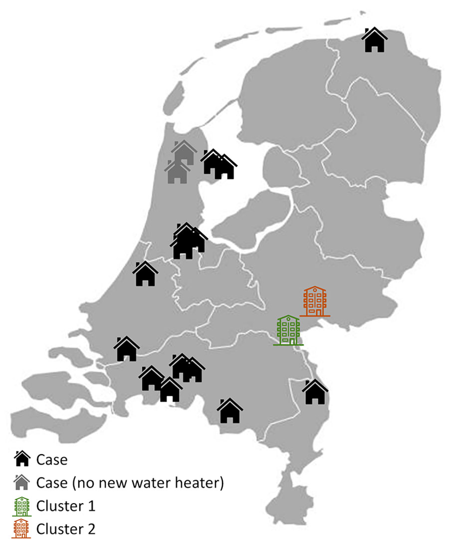 Locations of Legionnaires’ disease cases linked to newly installed residential water heaters, the Netherlands, 2022–2023. Two clusters (cluster 1 [4 cases] and cluster 2 [2 cases]) were identified in 2 apartment buildings. 