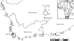 Sampling locations for study of emergence of rabies in Cape fur seals, South Africa. Numbers next to circles indicate no. positive/total no. samples. Inset map shows location of study area in Africa.