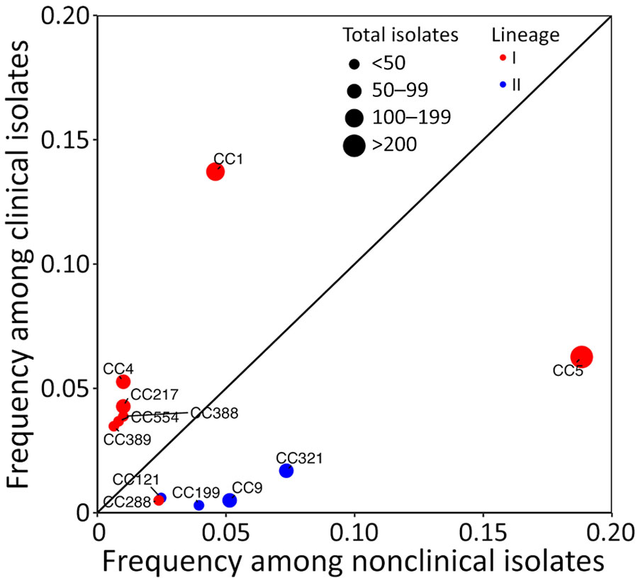 Comparison of the relative frequency of Listeria monocytogenes CCs among clinical and nonclinical isolates in study of clustering and source association of clinical and nonclinical L. monocytogenes isolates, New York, USA, 2000–2021. Each bubble represents CCs that were found to be significantly overrepresented among either clinical or nonclinical isolates (Table 1). Diagonal reference line indicates equal frequency in clinical and nonclinical isolates; CCs above the line were common in clinical isolates, whereas CCs below were common in nonclinical isolates. CC, clonal complex.