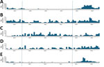 Isolates of emm gene types by month in study of post–COVID-19 expansion of Streptococcus pyogenes lineages causing toxic shock syndrome, Japan, 2023–2024. y-axis indicates the number of calculated 100% isolates of each emm type: A) emm1; B) emm89; C) emm81; D) emm49; E) emm12. Vertical lines separate pre–COVID-19, COVID-19, and post–COVID-19 periods. 