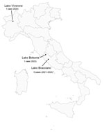 Freshwater sites associated with autochthonous canine pythiosis cases for a study of autochthonous canine pythiosis linked with freshwater exposure, Italy, 2021–2024. Dots indicate lakes linked to reported exposure histories. Labels summarize the number and year(s) of associated cases; asterisk indicates that 2 previously published cases (6) were included in the total count for that lake. Base map adapted from Wikimedia Commons (https://commons.wikimedia.org)