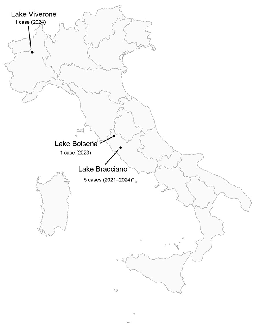 Freshwater sites associated with autochthonous canine pythiosis cases for a study of autochthonous canine pythiosis linked with freshwater exposure, Italy, 2021–2024. Dots indicate lakes linked to reported exposure histories. Labels summarize the number and year(s) of associated cases; asterisk indicates that 2 previously published cases (6) were included in the total count for that lake. Base map adapted from Wikimedia Commons (https://commons.wikimedia.org)