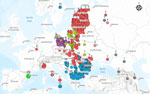 Geographic distribution of African swine fever (ASF) virus genotype II genetic groups in Europe, 2007–2025. We combined analysis of 6 genomic regions to define genetic groups. We assigned groups through comparison with 1,192 homologous genotype II sequences available in the European Union Reference Laboratory for ASF sequence database (Appendix 1 Table 1). Numbers within colored circles denote genetic groups. Genetic group 29, identified in Spain in 2025, is highlighted. The analyzed regions were the central variable region within B602L; intergenic region (IGR) between I73R and I329L genes; O174L; K145R; the IGR between MGF (multigene family) 505-9R and MGF505-10R genes; and the IGR between I329L and I215L genes. 