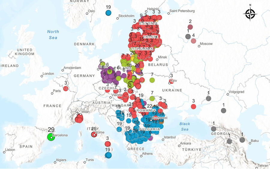 Geographic distribution of African swine fever (ASF) virus genotype II genetic groups in Europe, 2007–2025. We combined analysis of 6 genomic regions to define genetic groups. We assigned groups through comparison with 1,192 homologous genotype II sequences available in the European Union Reference Laboratory for ASF sequence database (Appendix 1 Table 1). Numbers within colored circles denote genetic groups. Genetic group 29, identified in Spain in 2025, is highlighted. The analyzed regions were the central variable region within B602L; intergenic region (IGR) between I73R and I329L genes; O174L; K145R; the IGR between MGF (multigene family) 505-9R and MGF505-10R genes; and the IGR between I329L and I215L genes. 