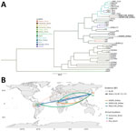 Time-scaled phylogeny and discrete phylogeographic diffusion of HTLV-1 lineages in study of emergence of West African HTLV-1aC subgroup, Brazilian Amazon. A) Time-calibrated maximum clade credibility tree inferred in BEAST version 10.5 (https://beast.community) from the long terminal repeat (LTR) dataset (3 sequences from this study plus reference sequences), using sampling year as tip date, a strict molecular clock, and discrete geographic-state reconstruction under a continuous-time Markov chain model with Bayesian stochastic search variable selection. Branches and tips are colored by inferred location (see key); red tips indicate sequences generated in this study. B) Spatiotemporal diffusion reconstructed from Markov jumps. Trajectory colors correspond to each Manaus lineage: orange, SSS850_BrMao; green, WDM1168_BrMao; blue, WQC1199_BrMao. Numbers indicate posterior median year of first arrival (labels shown for years >1970; Cameroon→Japan step, ≈1928, is retained for context). Line style indicates support: dashed, no Bayers factor recovered; solid, weak support (<3; here, 0.2–0.4). Shaded polygons indicate inferred arrival locations (Amazonas and Pará states, Brazil, and Japan). HTLV, human T-lymphotropic virus.