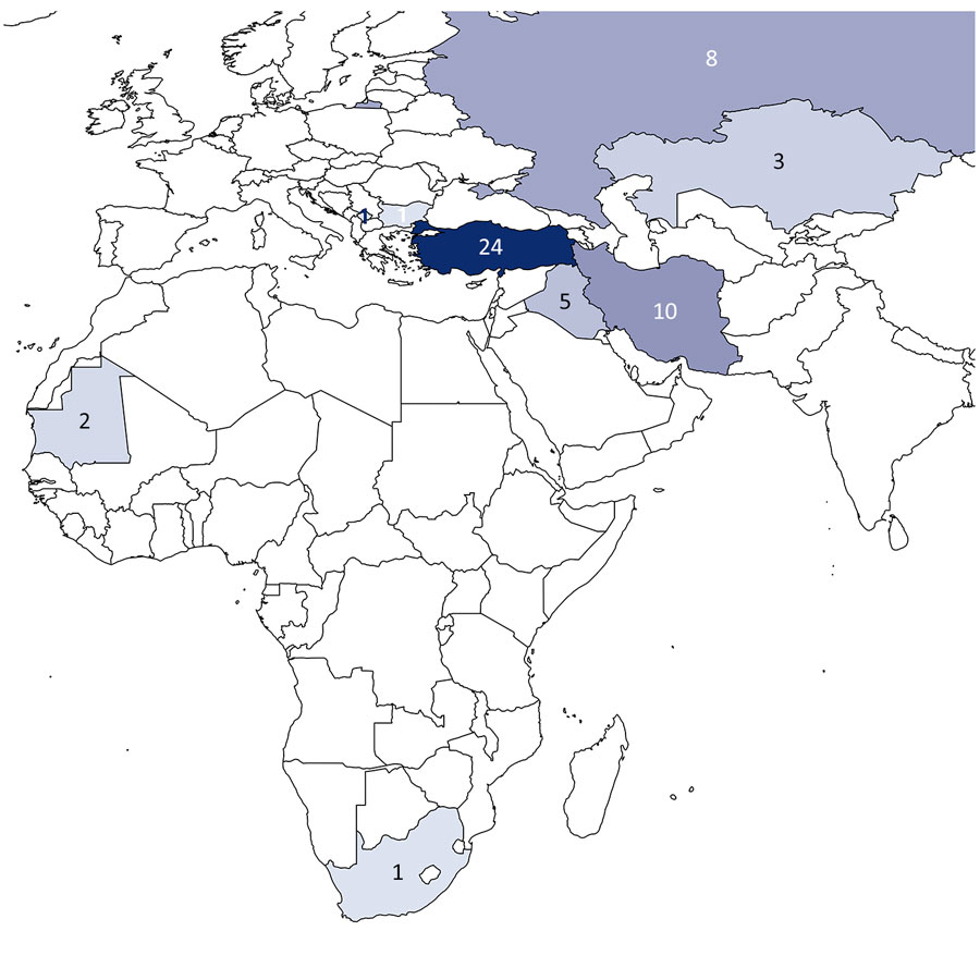 Geographic distribution of cases identified from a meta-analysis of maternal and fetal outcomes of Crimean-Congo hemorrhagic fever during pregnancy. Countries are shaded according to the number of cases; case counts are labeled on each country. Map generated by using R version 4.5.2 (The R Project for Statistical Computing).