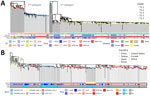 Phylogenomic evolution of Mycoplasma pneumoniae in study of emergence of novel macrolide-resistant M. pneumoniae ST3 subclades in children after COVID-19 pandemic, Taiwan, 2017–2024. A) Global phylogenetic tree showing evolutionary relationships among all sequenced strains. Nodes are colored by clade according to our previous study (12). Annotation bands indicate sequence type, data source, country, and sampling time. For 2024, isolates were grouped into quarterly intervals (January–March, April–June, July–September, and October–December) to provide greater temporal resolution during the outbreak. B) Phylogeny of ST3 strain. Nodes are colored by country, with annotation bands indicating monophyletic subclades (Mono), sampling time, ICU admission, and CNS complications. CNS, central nervous system; ICU, intensive care unit; ST, sequence type.