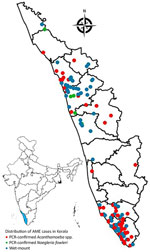 Locations of reported cases of amebic meningoencephalitis in Kerala state, India, 2025. Cases were confirmed by real-time PCR as caused by Acanthamoeba spp. or Naegleria fowleri amebae or confirmed via wet-mount microscopy of cerebrospinal fluid. Inset map shows location of Kerala in India.