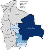 Geographic distribution of sequenced chikungunya virus genomes in a study of chikungunya virus in Bolivia, 2025. Colors indicate the numeric range of genomes per department. 