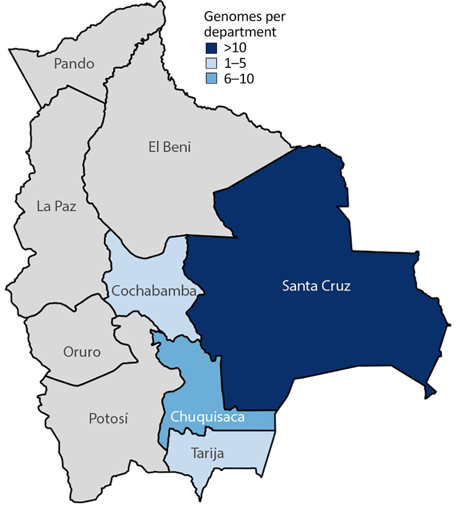 Geographic distribution of sequenced chikungunya virus genomes in a study of chikungunya virus in Bolivia, 2025. Colors indicate the numeric range of genomes per department. 