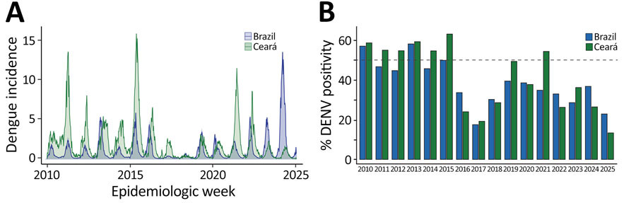 Dengue incidence and DENV test positivity from study of DENV transmission dynamics, Ceará State, Brazil, 2010–2025. A) Weekly incidence of laboratory-confirmed dengue cases/100,000 inhabitants at the national (Brazil) and state (Ceará) levels, from epidemiologic week 1 of 2010 (January 3–9) through epidemiologic week 4 of 2025 (January 20–26). B) Annual DENV test positivity rate (%) in Brazil and Ceará. Dashed line indicates 50% positivity. DENV, dengue virus.