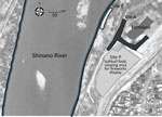 Study sites for investigation of reemergence of scrub typhus associated with Leptotrombidium akamushi mites and Karp-like Orientia tsutsugamushi genotype bacteria, Japan, 2024–2025. Map shows suspected exposure site along the Shinano River in Niigata Prefecture (P) and 2 sampling sites (A and B). Site A was located adjacent to farmland, and site B was located along the riverbank. Sites A and B are within 200 m of the patient’s suspected exposure site.