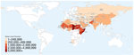 Median camel populations by country described during global genomic surveillance, 2012–2025. Map courtesy of the World Health Organization.