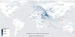 Live camel exports between countries described during global genomic surveillance, 2013–2024. The arrow tail represents the source country and the arrowhead represents destination country. The color of the arrow represents the number of camel exports. Trade flows are contextual indicators of animal movement connectivity and do not provide evidence of Middle East respiratory syndrome coronavirus infection, infected-animal movement, viral introduction, or viral circulation. The Australia-directed flows represent 6 animals in total, 5 in 2015 and 1 in 2021, and should be interpreted accordingly. Map provided by the World Health Organization Health Emergencies Programme using data from the Food and Agriculture Organization of the United Nations statistics database.