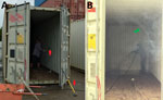 Occupational activities at a maritime container yard in Taiwan, 2025, that might generate airborne Coccidioides immitis from soil or dust. A) Red arrows indicate hammers used for hammering of deformed container panels during metal surface repair. B) Green arrow indicates backsplash from high-pressure water jet cleaning of interior container surfaces. Images do not depict the patient reported in this case or any specific containers he worked on.