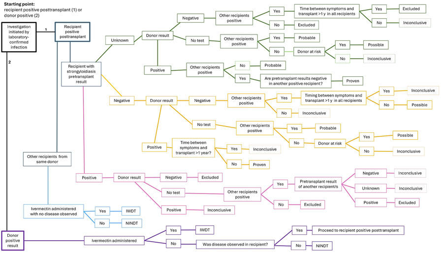 Case determination algorithm used for analysis in the Centers for Disease Control and Prevention investigations of potential donor-derived strongyloidiasis, United States, 2012–2024. Each investigation begins with a trigger, either recipient positive posttransplant (1) or donor positive (2), and follows the algorithm to a designated case determination based on clinical, laboratory, and epidemiologic data and our case definitions. Determination categories include proven, excluded, NINDT, IWDT, probable, possible, and inconclusive cases. IWDT, intervention without disease transmission; NINDT, no intervention and no disease transmission.