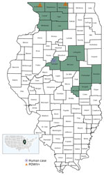 Geographic information from study of Powassan virus (POWV) in Ixodes scapularis tick populations, Illinois, USA, 2025. Green shading shows counties in Illinois where I. scapularis tick active surveillance included POWV testing. Orange triangles indicate locations where POWV-positive ticks were detected. Asterisk indicates county in which a human case was reported in 2025 (placed at random location within the county).