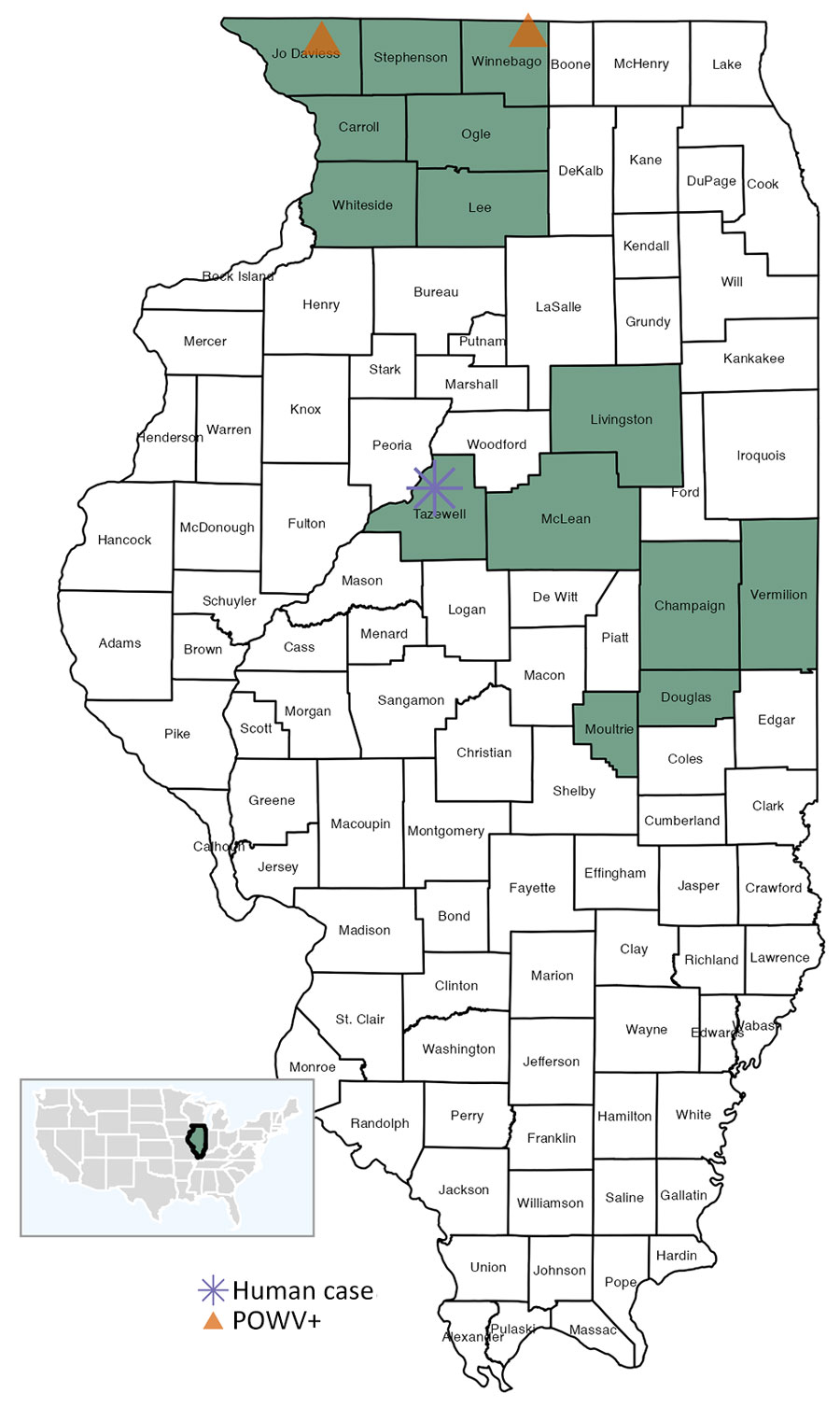 Geographic information from study of Powassan virus (POWV) in Ixodes scapularis tick populations, Illinois, USA, 2025. Green shading shows counties in Illinois where I. scapularis tick active surveillance included POWV testing. Orange triangles indicate locations where POWV-positive ticks were detected. Asterisk indicates county in which a human case was reported in 2025 (placed at random location within the county).