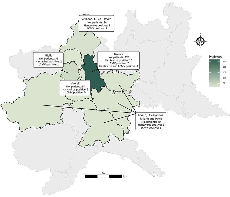 Geographic distribution of study participants and seropositive cases by region in study of serologic evidence of hantavirus exposure in humans, Italy, 2004–2018