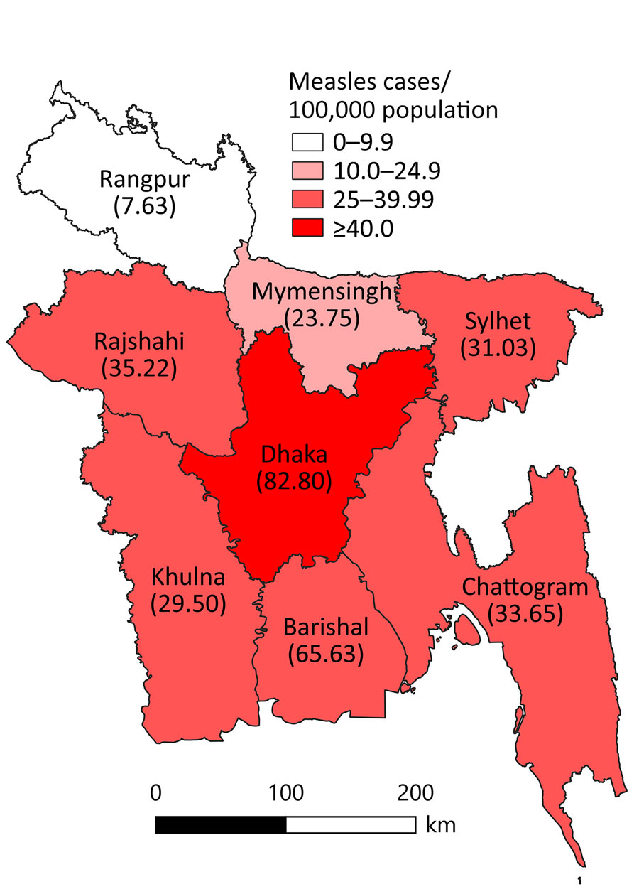 Geographic distribution during large measles outbreak, Bangladesh, 2026. Map shows cases/100,000 population for each division during March 15–May 27, 2026; the outbreak is ongoing. Data were sourced from Bangladesh Directorate General of Health Services and Bureau of Statistics (8,9,12,13) Population and Housing Census 2022 (10).