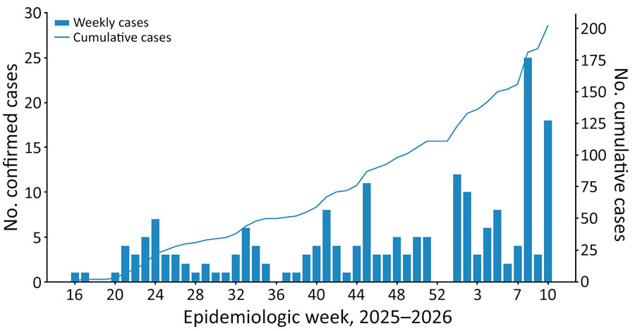 Confirmed human New World screwworm myiasis cases resulting from reemergence of Cochliomyia hominivorax screwworm, by epidemiologic week and cumulative, Mexico, April 13, 2025–March 14, 2026. Data were obtained from official epidemiologic bulletins of the Directorate General of Epidemiology, Ministry of Health (14–16).