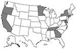 Thumbnail of States included in Active Bacterial Core surveillance in 1999 (shaded). Surveillance for all pathogens was conducted statewide in Connecticut but in selected counties only for some or all pathogens in the other states.