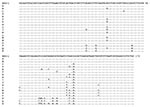 Thumbnail of Sequence diversity in the 173-bp fragment of double-stranded RNA of Cryptosporidium parvum. Dots denote nucleotides identical to the KSU-1 isolate of the C. parvum bovine genotype. Representative sequences for each subgenotype were deposited in GenBank under accession numbers AF266262 to AF266277.