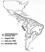 Thumbnail of . Geographic extent of the Latin American cholera epidemic over time. Lines represent the advancing front of the epidemic at different dates. As of mid-1995, all Latin American countries except Uruguay have reported cases; no cases have been reported from the Caribbean.