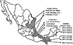 Thumbnail of Geographic and temporal distribution of DEN-3 serotype in Mexico.