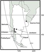 Thumbnail of Towns involved in the 1996 HPS outbreak in southern Argentina.