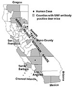 Thumbnail of Geographical distribution of hantavirus pulmonary syndrome cases and occurrence of Sin Nombre virus antibodies among deer mice (Peromyscus maniculatus), California, 1975-1995 (n=1,921).